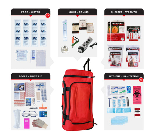 3 Person Comfort Survival Kit in a Rolling Bag