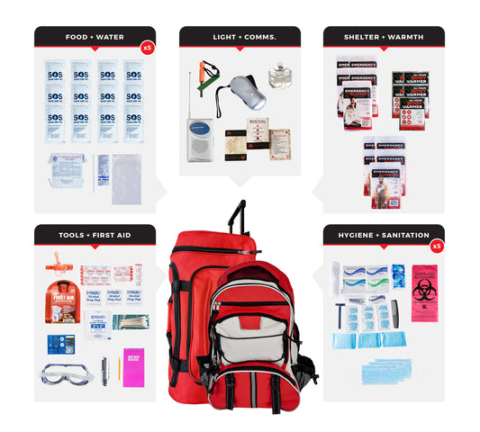 5 Person Essential Survival Kit in a Rolling Bag & Backpack